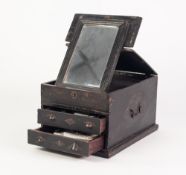 VINTAGE FRENCH TOLE PAINTED AND EBONISED WOODEN JEWELLERY BOX, the part hinged oblong top