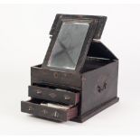 VINTAGE FRENCH TOLE PAINTED AND EBONISED WOODEN JEWELLERY BOX, the part hinged oblong top