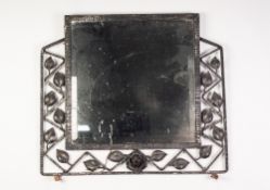 ART DECO BEVEL EDGED FRAMELESS WALL MIRROR, of lozenge form with stylised chrome plated side pieces,