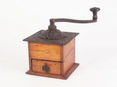 FRENCH BLONDEWOOD AND CAST IRON BYGONE COFFEE GRINDER, of through dovetail construction with