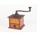 FRENCH BLONDEWOOD AND CAST IRON BYGONE COFFEE GRINDER, of through dovetail construction with