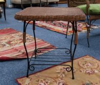 LATE 19th CENTURY BLACK WROUGHT IRON WIRE PATTERN SQUARE OCCASIONAL TABLE, with woven cane top and