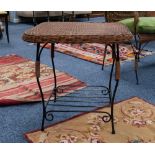 LATE 19th CENTURY BLACK WROUGHT IRON WIRE PATTERN SQUARE OCCASIONAL TABLE, with woven cane top and