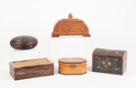 FRENCH TOLE PAINTED WOODEN JEWELLERY CASKET, together with FOUR OTHER SMALL WOODEN BOXES,