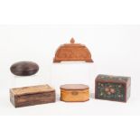 FRENCH TOLE PAINTED WOODEN JEWELLERY CASKET, together with FOUR OTHER SMALL WOODEN BOXES,