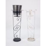 PAIR OF PAINTED WROUGHT METAL ICE BUCKET HOLDERS, each with open scrollwork centre and circular