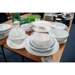 COLLECTION OF WHITE GLAZED POTTERY KITCHEN WARES, including: TWO HANDLED TUREEN AND COVER, SERVING