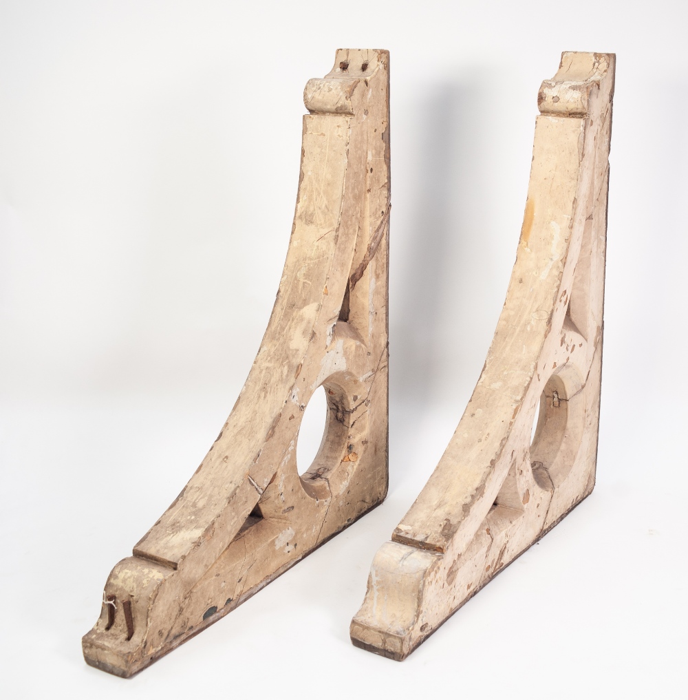 IMPRESSIVE PAIR OF AGED WHITE PAINTED HEAVY PINE ARCHITECTURAL SUPPORT BRACKETS, 36" X 43" X 5" (