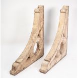 IMPRESSIVE PAIR OF AGED WHITE PAINTED HEAVY PINE ARCHITECTURAL SUPPORT BRACKETS, 36" X 43" X 5" (