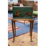 A NINETEENTH CENTURY GREEN AND GILT LACQUERED WOOD LARGE WORK BOX, with raised oriental design of