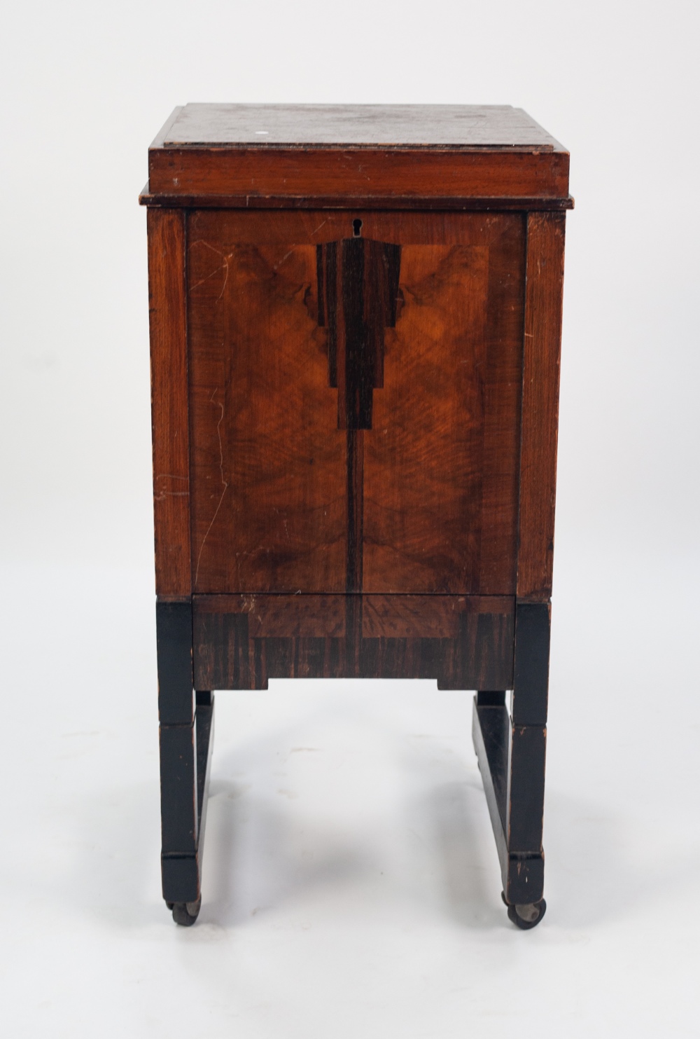 A 1930's 'ACME' PRODUCT WALNUT, MACASSAR EBONY AND PARCEL EBONISED CABINET, with lift up top