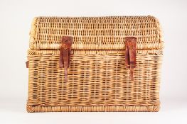 DOME TOP WICKER TRUNK, with leather fittings and side handles, 18 ½" (47cm) high, 18 ½" x 17" (