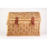 DOME TOP WICKER TRUNK, with leather fittings and side handles, 18 ½" (47cm) high, 18 ½" x 17" (