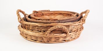 PAIR OF CIRCULAR TWO HANDLED WICKER BREAD TRAYS, 18 ½" (47cm) diameter, together with ANOTHER,