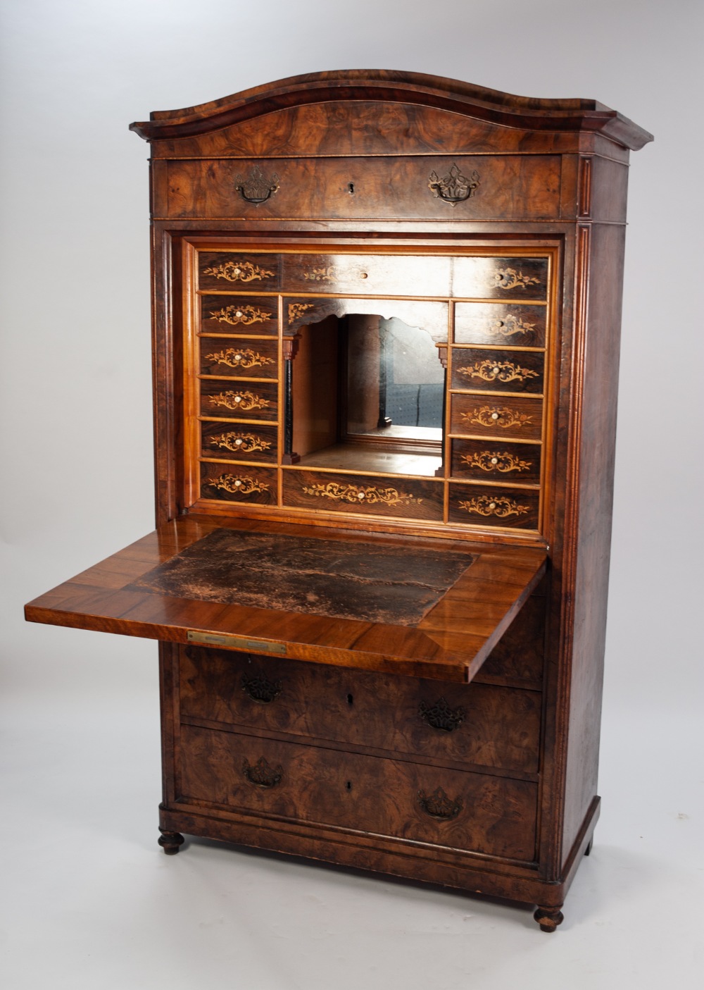 A LATE NINETEENTH CONTINENTAL FIGURED WALNUTWOOD VENEERED SECRETAIRE A' ABATTANT with two arched - Image 2 of 2