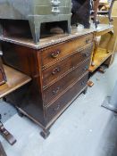 VICTORIAN MAHOGANY CHEST OF FOUR GRADUATED DRAWERS, ON SHAPED SUPPORTS (REPLACED HANDLES)