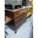 VICTORIAN MAHOGANY CHEST OF FOUR GRADUATED DRAWERS, ON SHAPED SUPPORTS (REPLACED HANDLES)