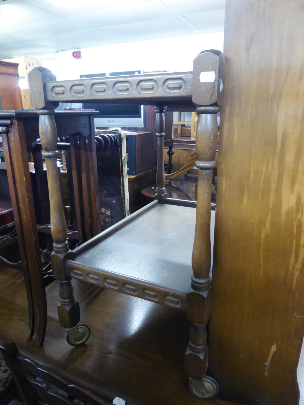 AN OAK TWO TIER DINNER WAGON WITH CARVED GALLERY BORDERS AND A SMALL OAK FOUR TIER OPEN BOOKCASE, 2' - Image 2 of 2