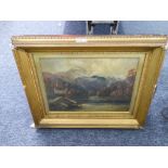 F.C. WILSON TWO OIL PAINTINGS ON CANVAS MOUNTAINOUS LANDSCAPE WITH RIVER IN FOREGROUND SIGNED AND