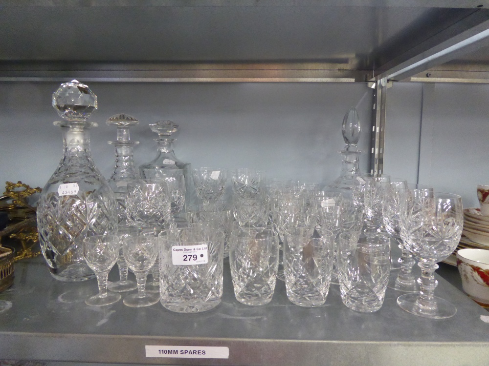 FOUR CUT GLASS DECANTERS AND CUT GLASS STEM WINES AND TUMBLERS ETC....