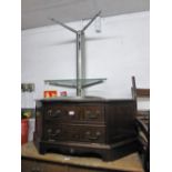 A MAHOGANY CORNER TELEVISION STAND WITH FALL FRONT, AND A GREY CANTILEVER STAND WITH TWO PLATE GLASS