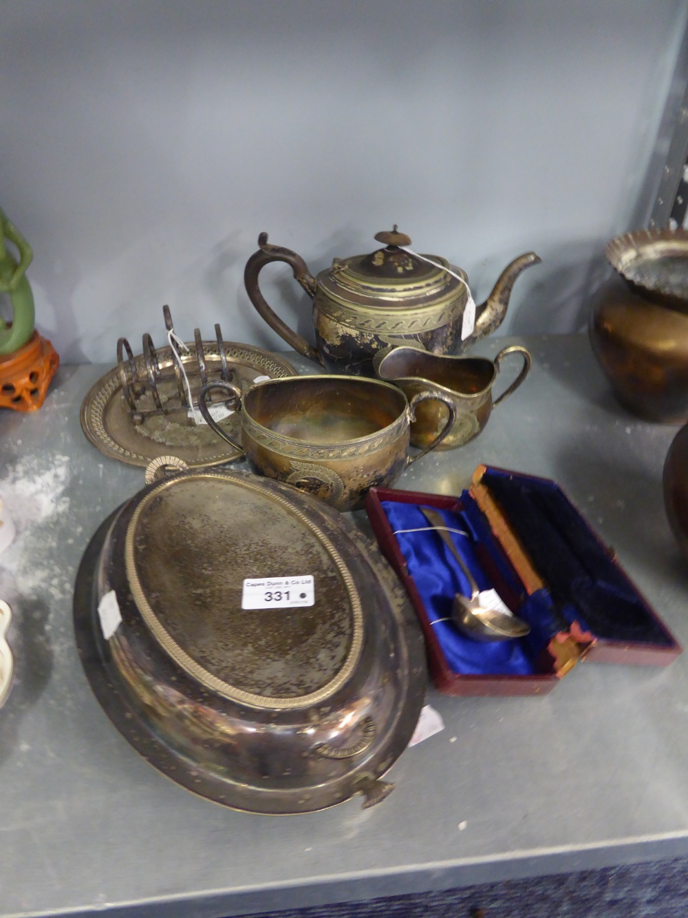 ELECTROPLATE OVAL TEA SERVICE OF 3 PIECES; EP. OVAL ENTREE DISH AND COVER, TOAST RACK, SALVER AND