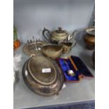 ELECTROPLATE OVAL TEA SERVICE OF 3 PIECES; EP. OVAL ENTREE DISH AND COVER, TOAST RACK, SALVER AND