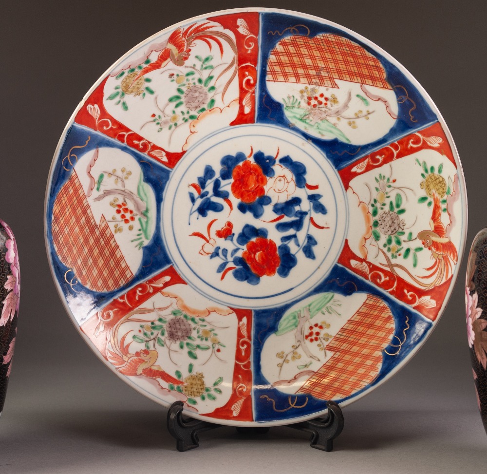 PAIR OF MODERN ORIENTAL CLOISONNE VASES, decorated in colours with birds in flight above flowering - Image 2 of 3