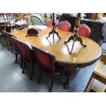 AN EDWARDIAN MAHOGANY WIND-OUT 'D' END EXTENDING DINING TABLE, WITH TWO ADDITIONAL LEAVES, ALL