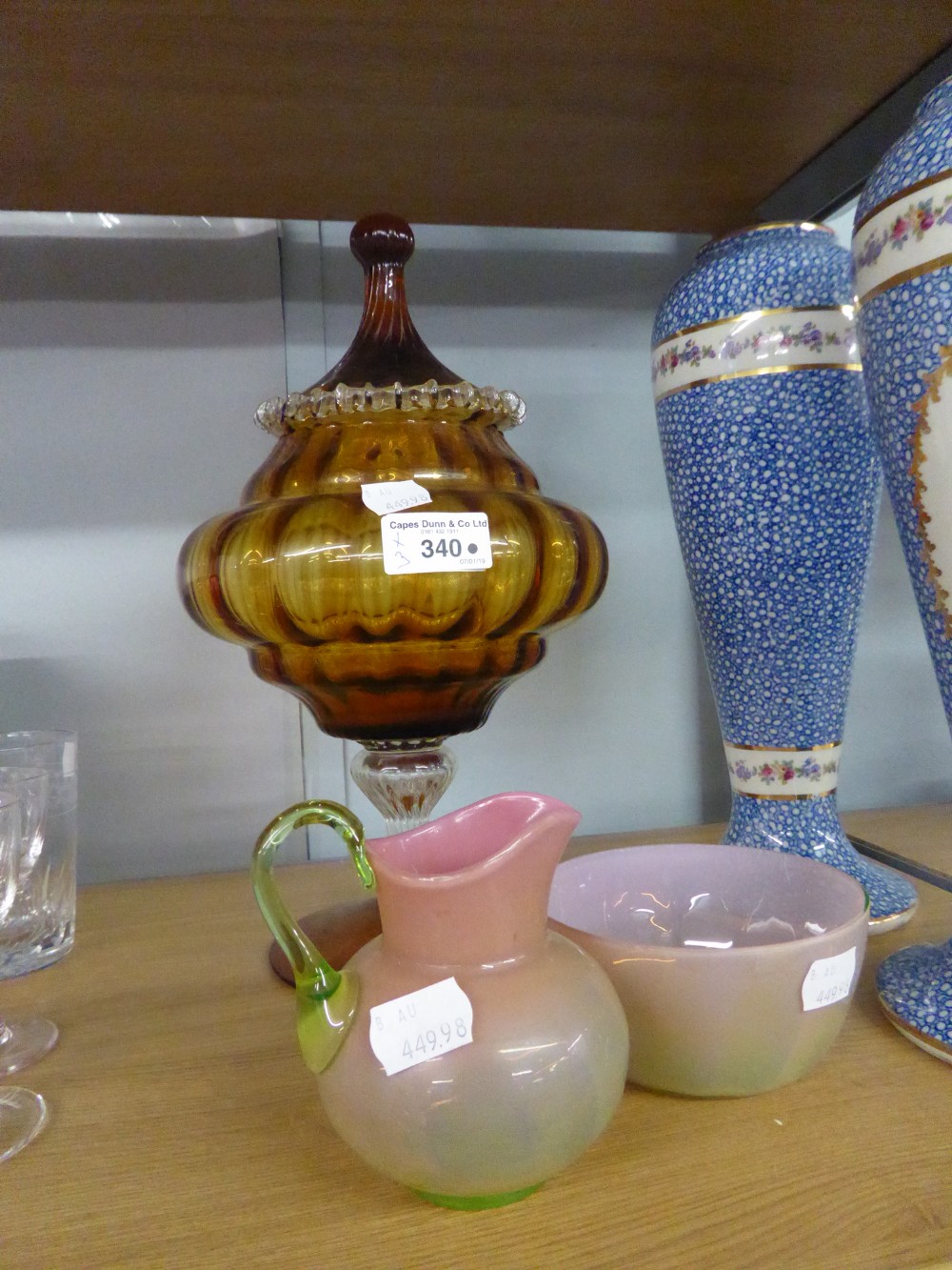 VICTORIAN SHADED PINK GLASS CREAM JUG AND SUGAR BASIN AND A LARGE DECORATIVE AMBER PEDESTAL BOWL