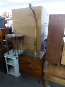 A SMALL ART DECO WALNUTWOOD LOW COCKTAIL CABINET WITH FALL-FRONT AND GLASS SHELF AND A STANDARD LAMP