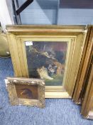 ATTRIBUTED TO F.C. WILSON OIL PAINTING ON CANVAS THREE KITTENS IN A BARN 14" x 9 1/2" AND A SMALL