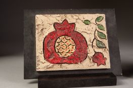 G.R.A.S. MOULDED STUDIO POTTERY OBLONG PLAQUE, decorated with a pomegranate 4 ¾" x 5 ¾" (12cm x 14.