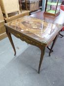 A TWENTIETH CENTURY ITALIAN WALNUT AND MARQUETRY FLAP-TOP CARD TABLE WITH END DRAWER, ON FOUR SEMI-