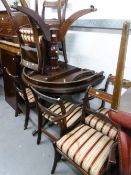 A REPRODUCTION D- END DINING TABLE AND SIX CHAIRS (INCLUDING TWO CARVERS) HAVING STRIPED SILK PAD