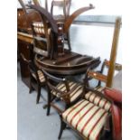 A REPRODUCTION D- END DINING TABLE AND SIX CHAIRS (INCLUDING TWO CARVERS) HAVING STRIPED SILK PAD