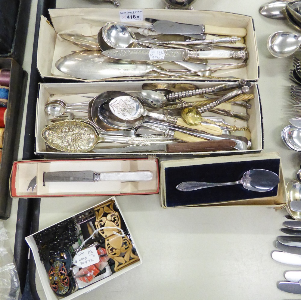 VICTORIAN ELECTROPLATE CAKE KNIFE WITH MOTHER OF PEARL HANDLE; A PAIR OF NUT CRACKERS AND