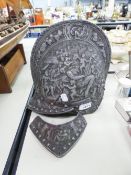 OLD CAST METAL REPLICA OF AN ANCIENT WARRIOR'S HELMET, EMBOSSED WITH MANY FIGURES (AS FOUND)