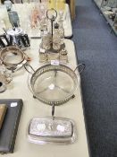 VICTORIAN ELECTROPLATE CIRCULAR CRUET FRAME WITH FIVE CUT GLASS CONDIMENT BOTTLES; ANOTHER WITH