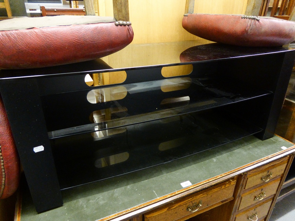 A MODERN NARROW IKEA FLOOR STANDING CUPBOARD WITH PLASTIC FRONT, A GILT TEA TROLLEY AND A BLACK - Image 3 of 3