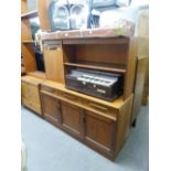 G-PLAN STYLE TEAK SIDEBOARD WITH RAISED BACK WITH SHELF AND FALL FRONT COCKTAIL SECTION, 4'7" WIDE