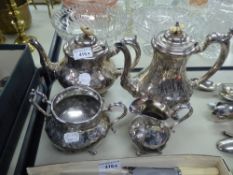 VICTORIAN ELECTROPLATE TEA AND COFFEE SERVICE OF FOUR PIECES, PEAR SHAPED REPOUSSE WITH FLOWERS,