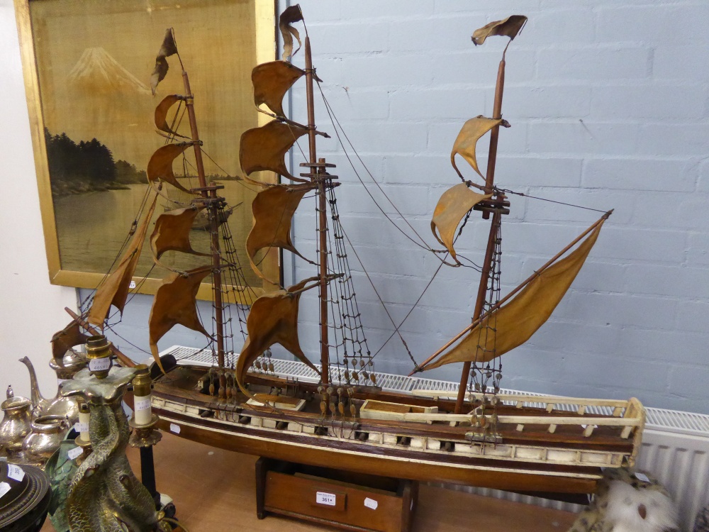 SCRATCH BUILT WOODEN MODEL OF A THREE MASTED SCHOONER SHIP WITH CLOTH SAILS, on wood stand, 38" (