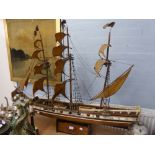 SCRATCH BUILT WOODEN MODEL OF A THREE MASTED SCHOONER SHIP WITH CLOTH SAILS, on wood stand, 38" (