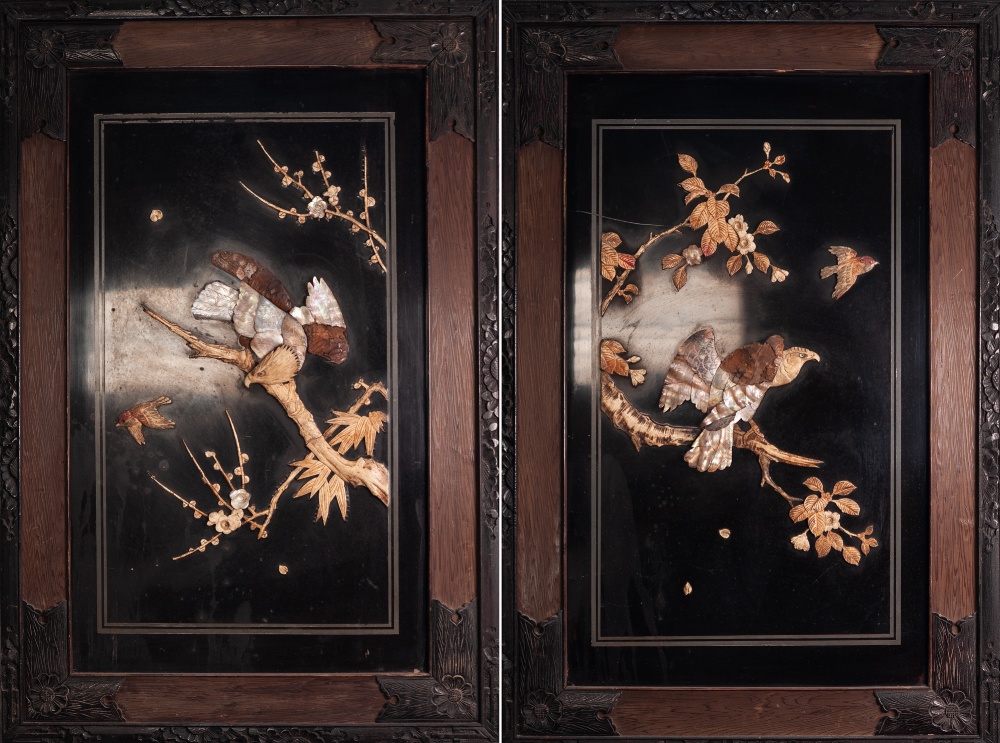 PAIR OF ORIENTAL MOTHER OF PEARL AND BONE MOUNTED BLACK LACQUERED WALL PANELS, each of oblong