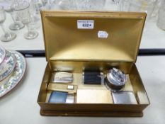 SIX CIGARETTE LIGHTERS, A SILVER VESTA CASE, ALL IN A TIN