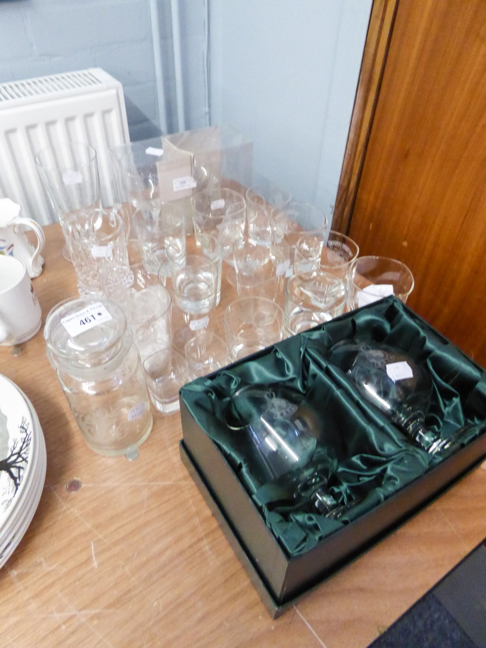 A COLLECTION OF GLASSWARES TO INCLUDE; PAIR OF ETCHED BRANDY BALLOONS 'R.A.F.A.', TUMBLERS.