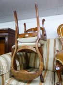 A PAIR OF VICTORIAN MAHOGANY BALLOON BACK SINGLE CHAIRS, ON CABRIOLE FRONT SUPPORTS