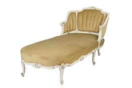 FRENCH STYLE WHITE PAINTED CHAISE LONGUE, the moulded show-wood frame heightened in gilt with floral