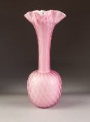 QUILTED PINK SATIN GLASS BOTTLE VASE, with wavy rim, 12 ¾" (32.4cm) high
